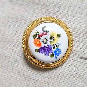 Vintage Italy Signed Porcelain  Floral Painted High Relief Button Brooch Pin